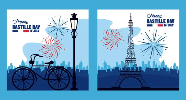 Boldog bastille nap ünneplés torony Eiffel és tűzijáték — Stock Vector