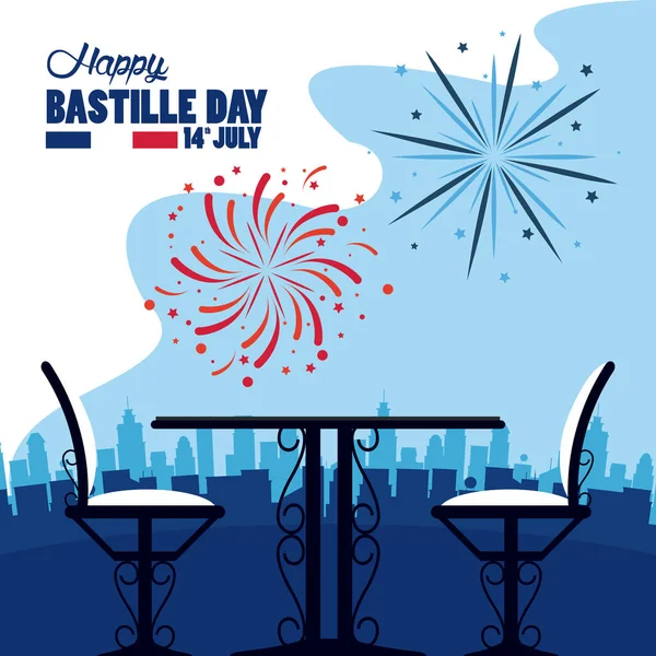 Happy Bastille Day viering met restaurant tafel en stoelen — Stockvector