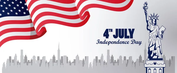 Quarta celebração do dia da independência dos EUA julho com estátua de bandeira e liberdade — Vetor de Stock