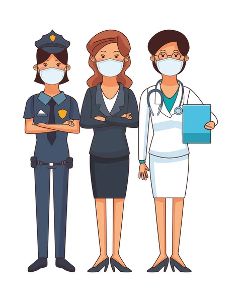 Médico feminino e polícia com empresária usando máscara facial — Vetor de Stock