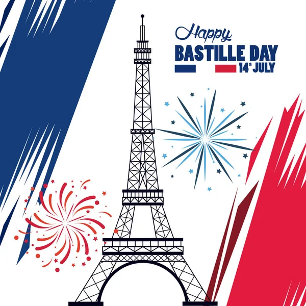 Happy bastille day celebration with tower eiffel and fireworks — Stock Vector