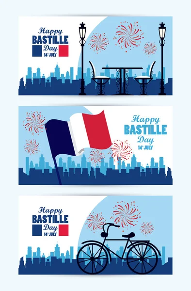 Happy Bastille Day viering met vlag en fiets — Stockvector