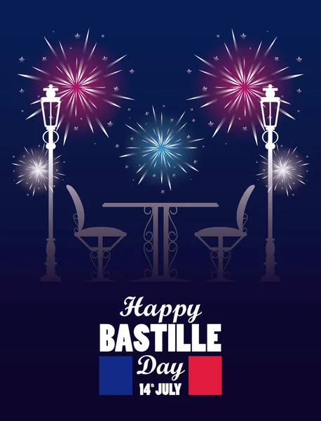 Happy bastille day celebration with restaurant table and chairs — Stock Vector