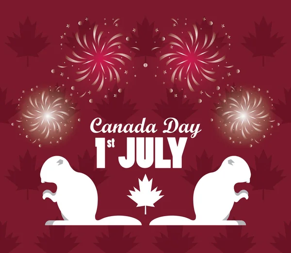 Pierwszy lipcowy plakat z okazji Dnia Kanady z bobrami — Wektor stockowy