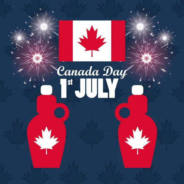 Pierwszy lipcowy plakat z okazji Dnia Kanady z butelkami syropu klonowego — Wektor stockowy