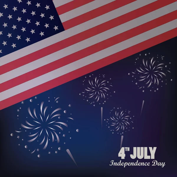 Cuarto día de july usa celebración del día de la independencia con bandera y fuegos artificiales — Vector de stock
