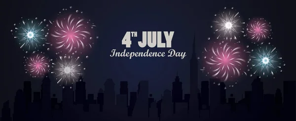 Quatrième fête de l'indépendance des Etats-Unis juillet avec feux d'artifice et paysage urbain — Image vectorielle