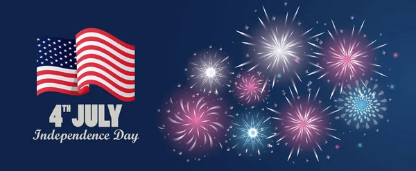 Quarta celebração do dia da independência dos EUA julho com bandeira e fogos de artifício — Vetor de Stock