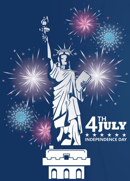 4 luglio USA Festa dell'indipendenza con fuochi d'artificio e statua della libertà — Vettoriale Stock