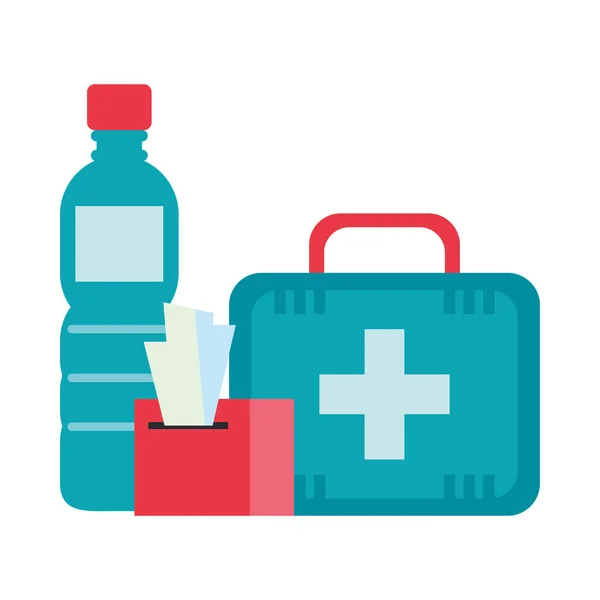 Kit médico con botella de agua y paños húmedos — Vector de stock