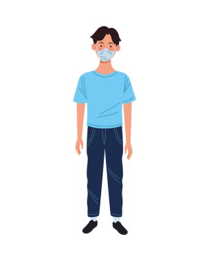 Genç adam tıbbi maske kullanıyor.