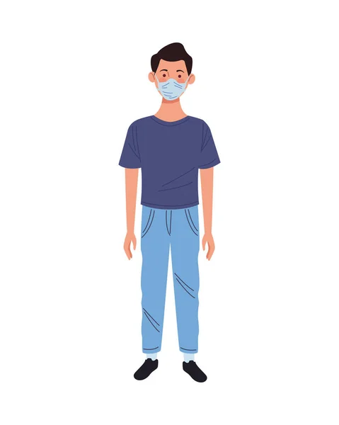 Young man using medical mask character — Stock Vector