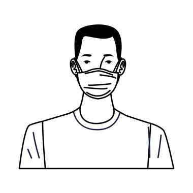 Genç adam tıbbi maske kullanıyor.