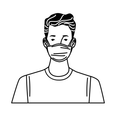 Genç adam tıbbi maske kullanıyor.