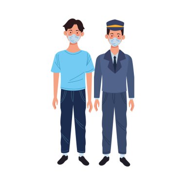 Genç adam ve taksi şoförü tıbbi maske kullanıyor.