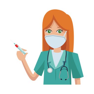 Kadın doktor aşıyla tıbbi maske kullanıyor.