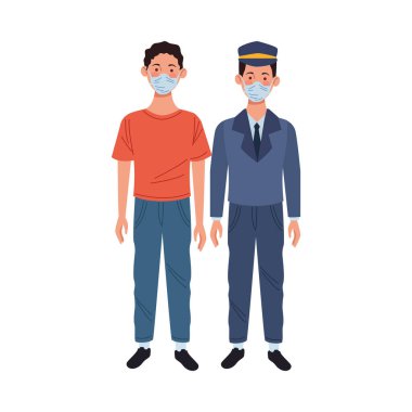 Genç adam ve taksi şoförü tıbbi maske kullanıyor.