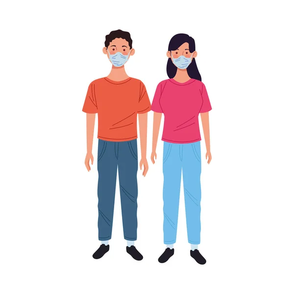 Young couple using medical masks characters — Stock Vector