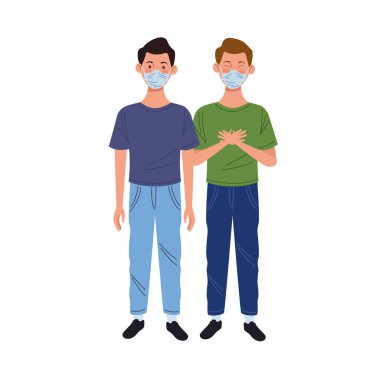 Tıbbi maske kullanan genç adamlar