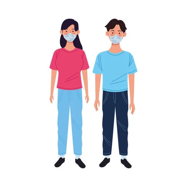 Jeune couple utilisant des masques médicaux personnages — Image vectorielle