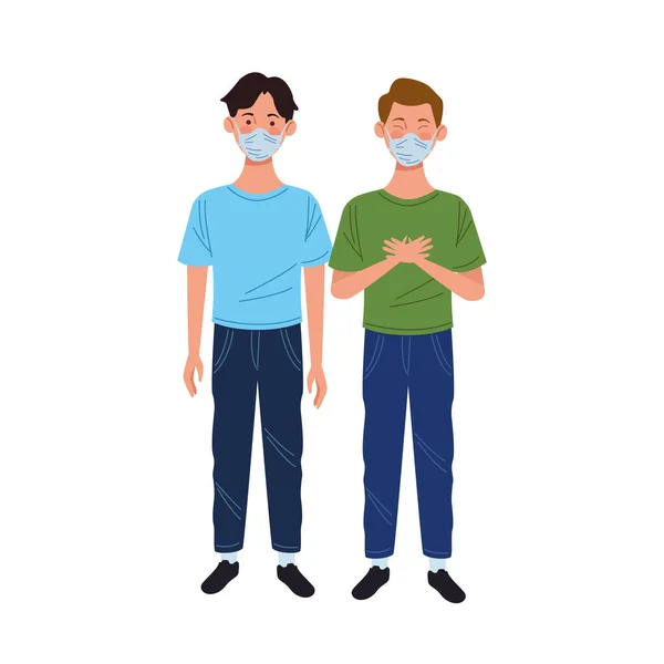 Unga män som använder medicinska masker tecken — Stock vektor