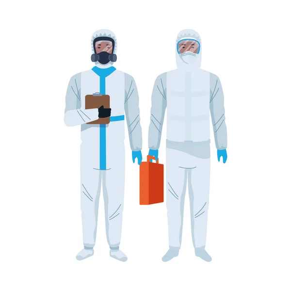 Lavoratori che indossano biosicurezza adatta personaggi — Vettoriale Stock