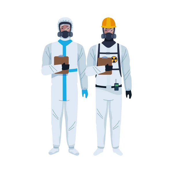 Workers wearing biosafety suits characters — Stock Vector