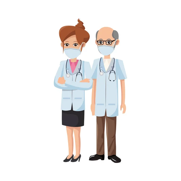 Pareja de médicos usando máscaras médicas — Vector de stock