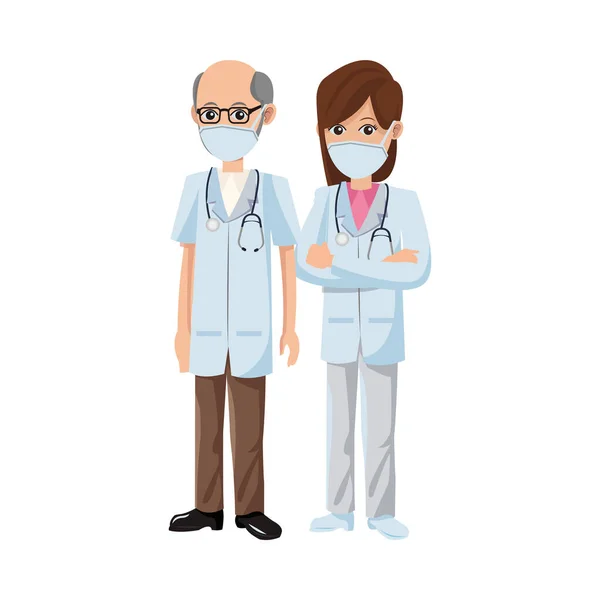Couple médecins utilisant des masques médicaux — Image vectorielle