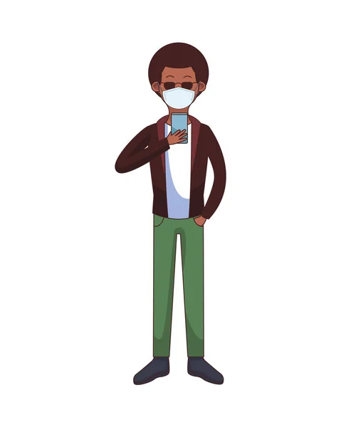 Afro-Mann mit medizinischer Maske und Smartphone — Stockvektor