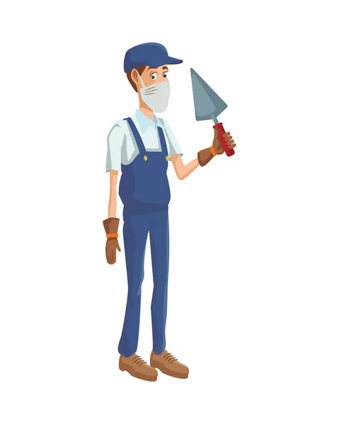Builder using medical mask with spatula — Stock Vector