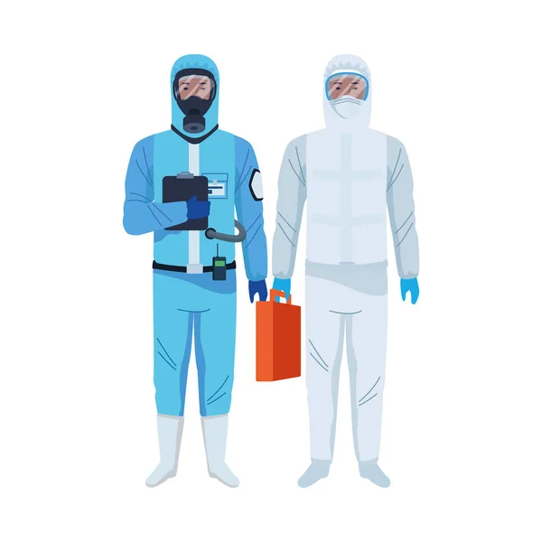 Trabajadores que usan trajes de bioseguridad personajes — Vector de stock