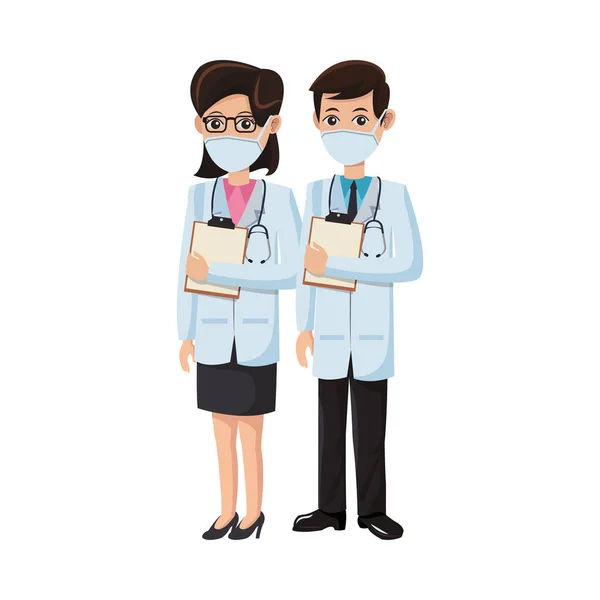 Médicos casal usando máscaras médicas —  Vetores de Stock