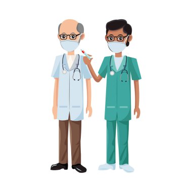 Erkek doktorlar aşıyla tıbbi maskeler kullanıyorlar.