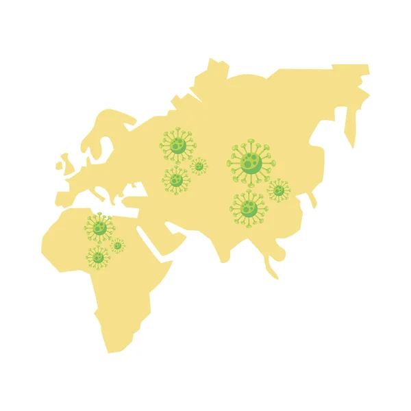 Partículas de coronavirus con mapa del viejo continente — Vector de stock