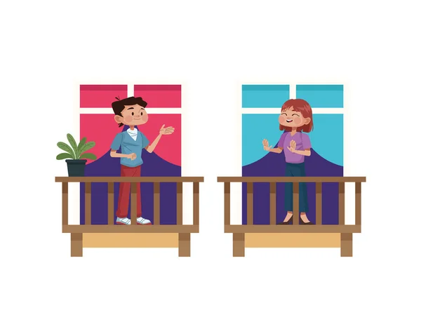 Νεαρό ζευγάρι σε avatars μπαλκόνι χαρακτήρες — Διανυσματικό Αρχείο