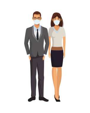 Tıbbi maske takan zarif bir iş çifti.