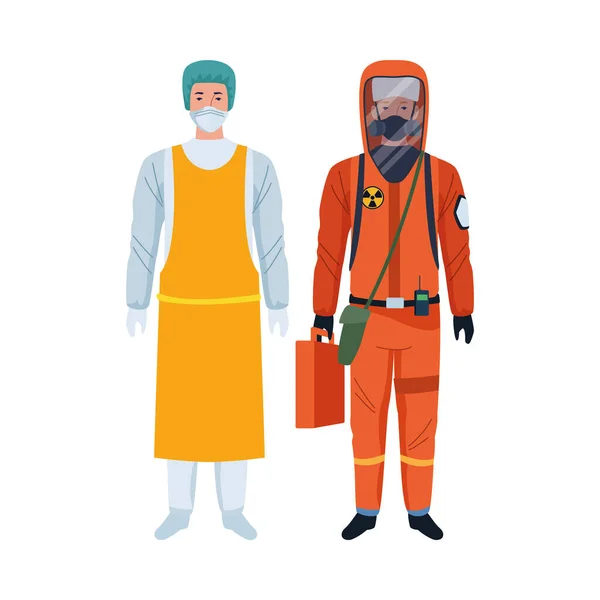 Pracownicy ubrani w kombinezony bezpieczeństwa biologicznego — Wektor stockowy