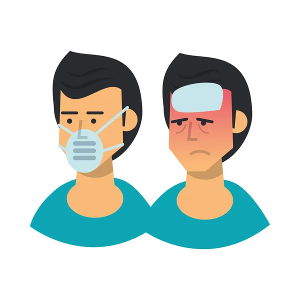 Ομάδα ανδρών άρρωστων με συμπτώματα και να χρησιμοποιούν ιατρική μάσκα — Διανυσματικό Αρχείο
