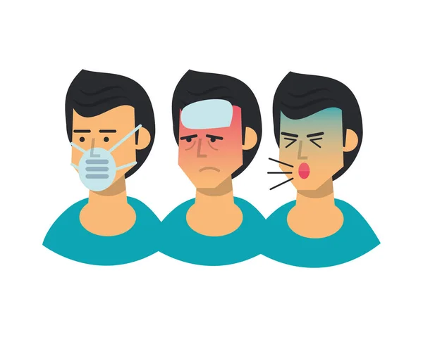 Group of men sick with symptoms and use medical mask — Stock Vector
