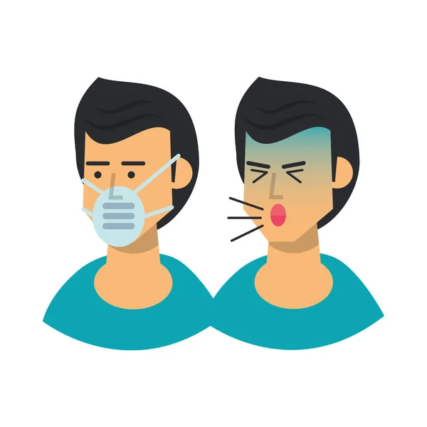 Group of men sick with symptoms and use medical mask — Stock Vector