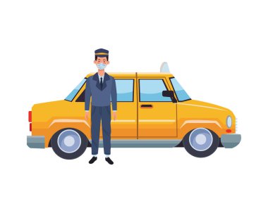 Taksi şoförü tıbbi maske kullanıyor.