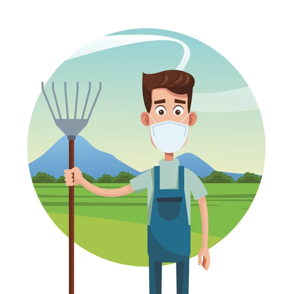 Male farmer wearing medical mask scene — Stock Vector