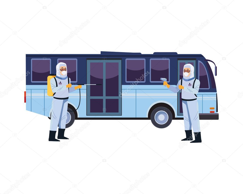 biosafety workers with sprayer and thermometer in bus