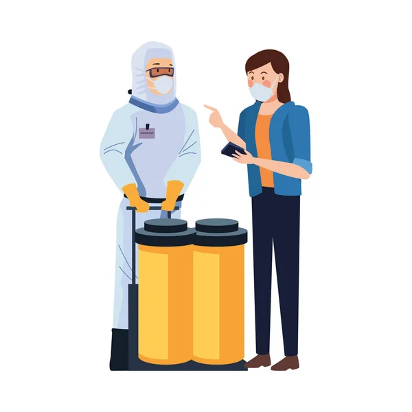 配备油罐和妇女的生物安全工作人员 — 图库矢量图片