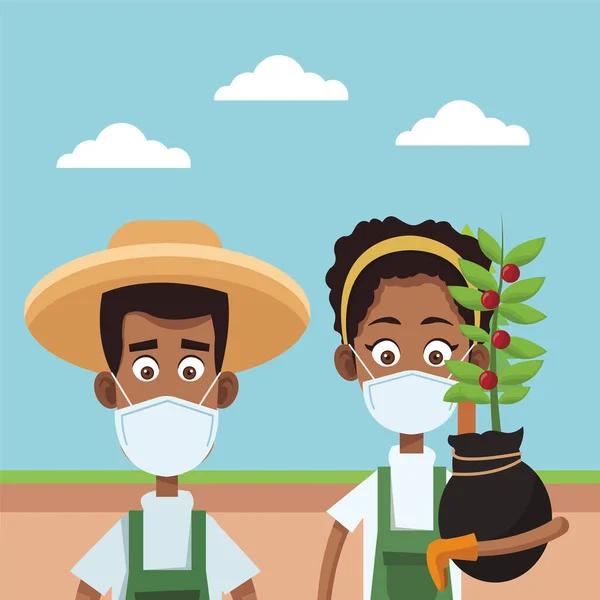 Afro agricoltori coppia indossare medico maschere scena — Vettoriale Stock