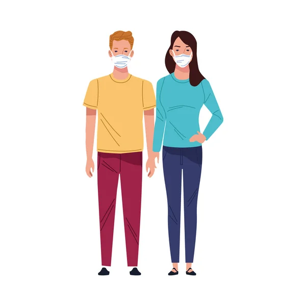Jovem casal usando máscaras médicas personagens — Vetor de Stock