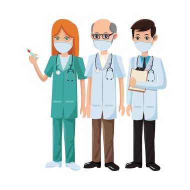 Bir grup doktor aşıyla tıbbi maske kullanıyor.