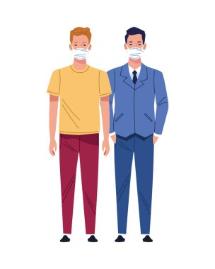 Tıbbi maske kullanan genç adamlar