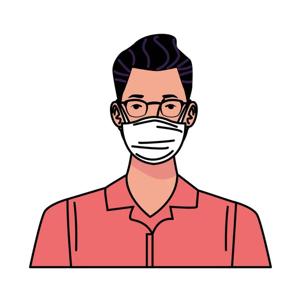 Young man using medical mask character — Stock Vector